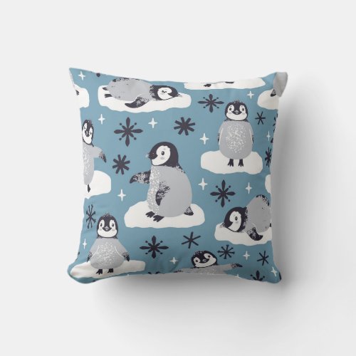 Penguins Snowflakes Winter Seamless Pattern Throw Pillow
