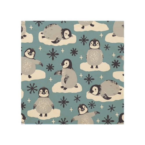 Penguins Snowflakes Winter Seamless Pattern Wood Wall Art