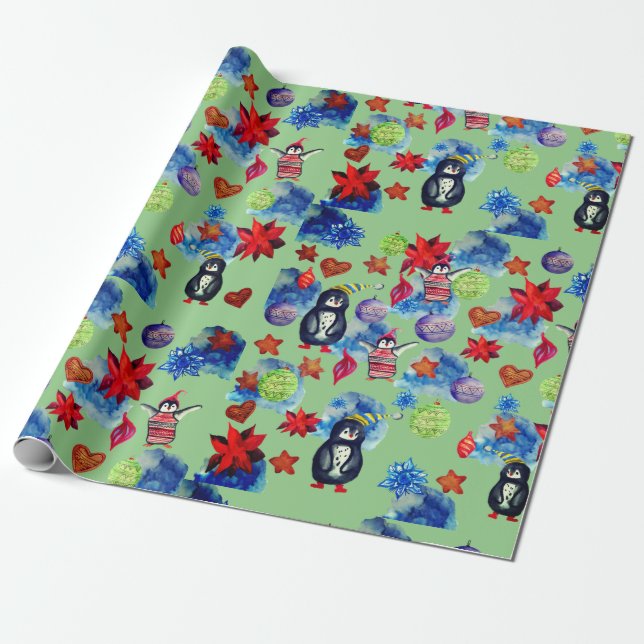 Penguins & Stars Christmas Coming Mood  Wrapping Paper (Unrolled)