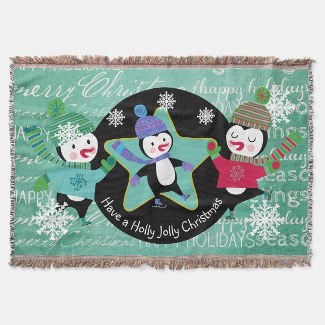 Penguins Typography Merry Christmas Holiday Throw Blanket (Front)