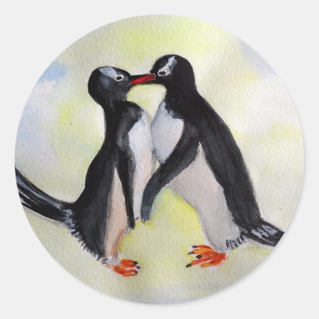 Penguins Watercolor Classic Round Sticker, Glossy Classic Round Sticker (Front)