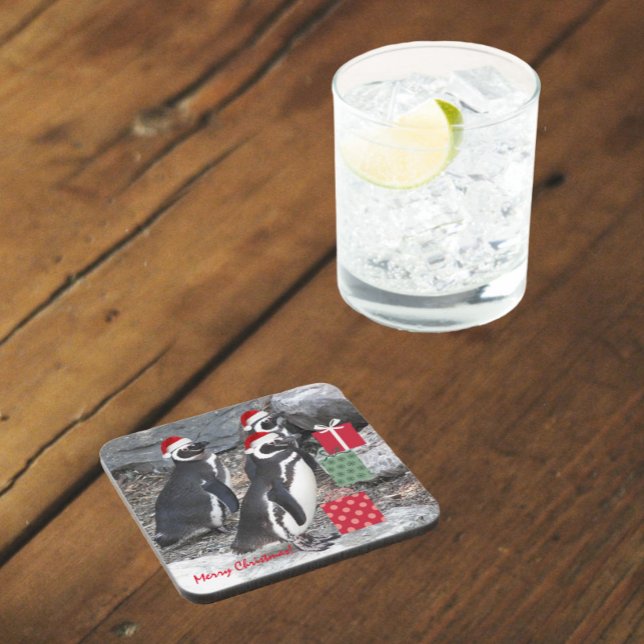 Penguins Wearing Red Santa Hats Holiday Beverage Coaster (In Situ Glass)