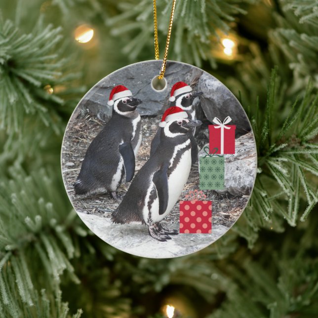 Penguins Wearing Red Santa Hats Holiday Ceramic Ornament (Tree)
