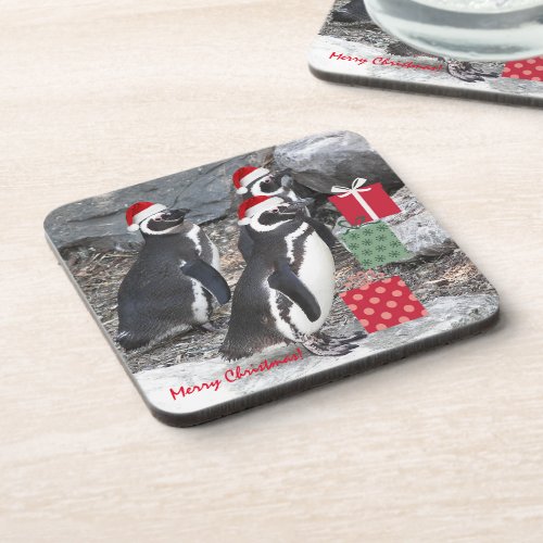 Penguins Wearing Santa Hats Holiday Beverage Coaster