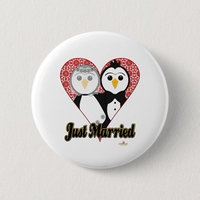 Penguins Wedding Lace Heart Just Married Button (Front)
