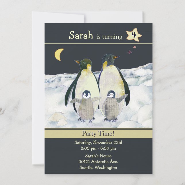 Penguins Winter Birthday Party Invitation (Front)