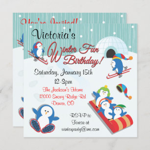 Penguin's Winter Fun Birthday Invitations