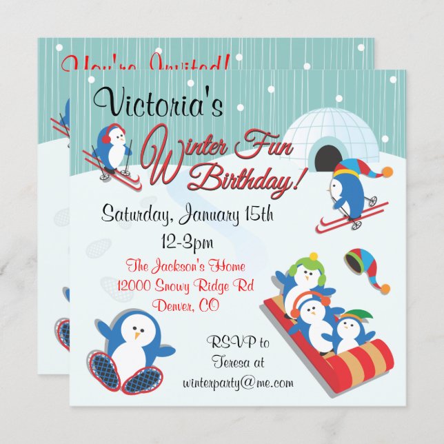 Penguin's Winter Fun Birthday Invitations (Front/Back)