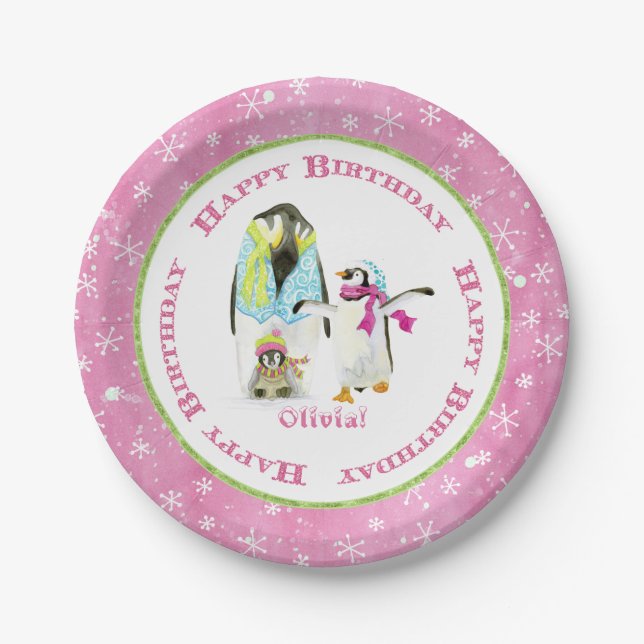Penguins Winter Little Girl Birthday Party Decor Paper Plates (Front)