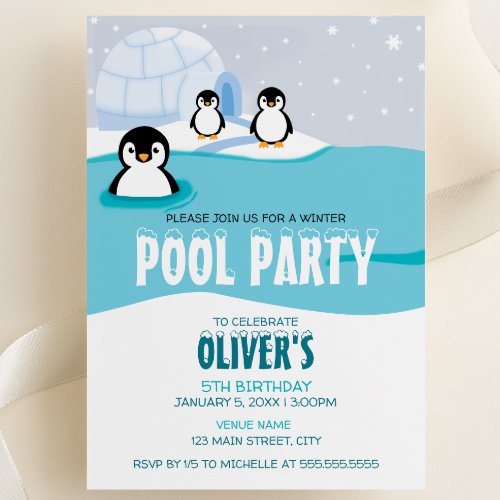 Penguins Winter Pool Party Birthday Invitation