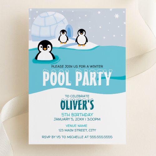 Penguins Winter Pool Party Birthday Invitation