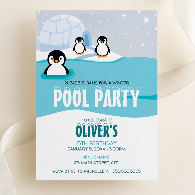Penguins Winter Pool Party Birthday Invitation (Creator Uploaded)