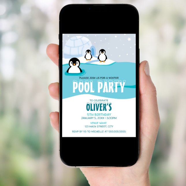 Penguins Winter Pool Party Birthday Invitation (Front Digital)