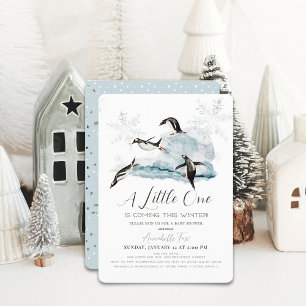 Penguins Winter Snowflake Blue Boy Baby Shower Invitation