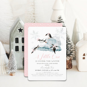 Penguins Winter Snowflake Pink Girl Baby Shower Invitation
