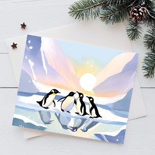 Penguins Winter Watercolor Snow and Ice Cute Postcard