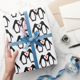 Penguins with Heart Cute Couple Valentine Wrapping Paper