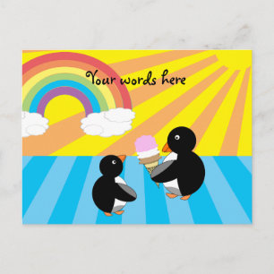 Penguins with ice cream and rainbow postcard