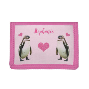 Penguins with Pink Hearts Girly Name Tri-fold Wallet
