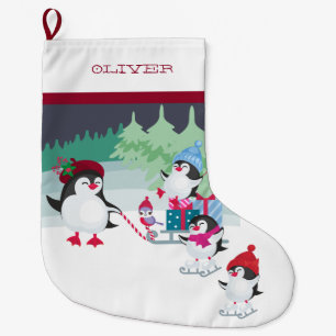 Penguins with Sleigh full of Christmas Gifts Large Christmas Stocking
