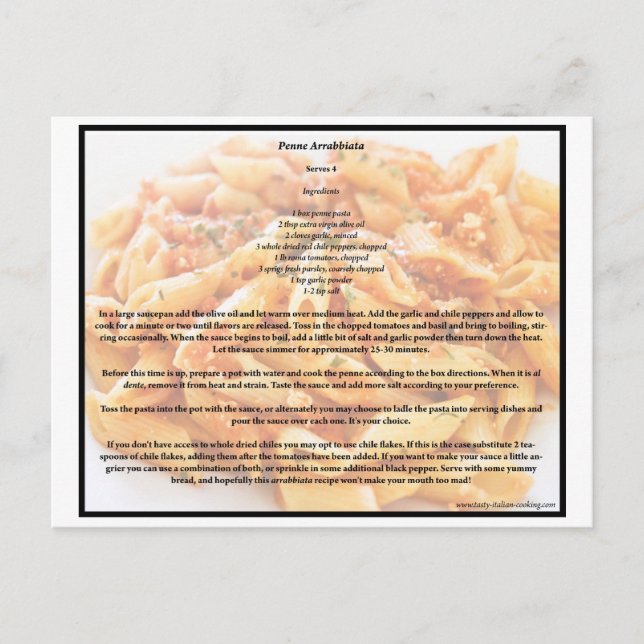 Penne Arrabbiata Recipe postcard (Front)