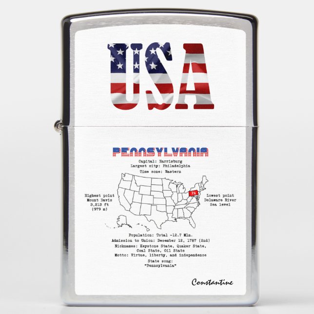Pennsylvania American state on a map and details Zippo Lighter (Front)