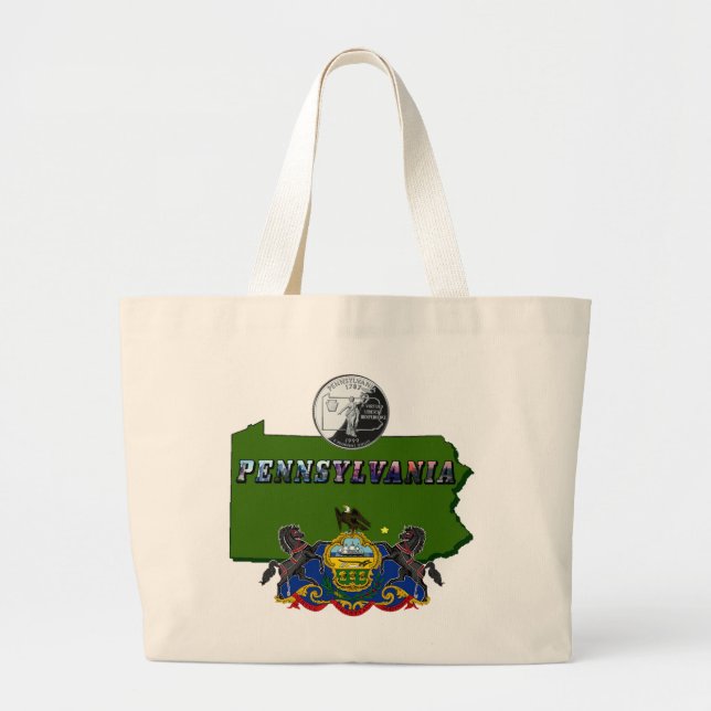 Pennsylvania Map, Quarter, Flag and Picture Text Large Tote Bag (Front)