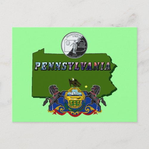 Pennsylvania Map Quarter Flag and Picture Text Postcard