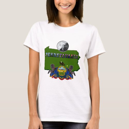 Pennsylvania Map Quarter Flag and Picture Text T_Shirt
