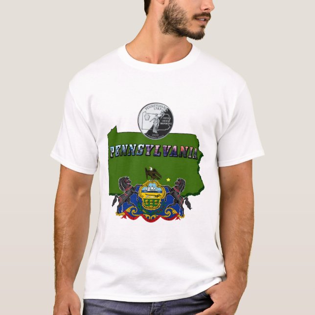 Pennsylvania Map, Quarter, Flag and Picture Text T-Shirt (Front)