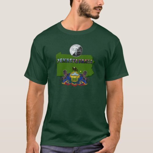 Pennsylvania Map Quarter Flag and Picture Text T_Shirt