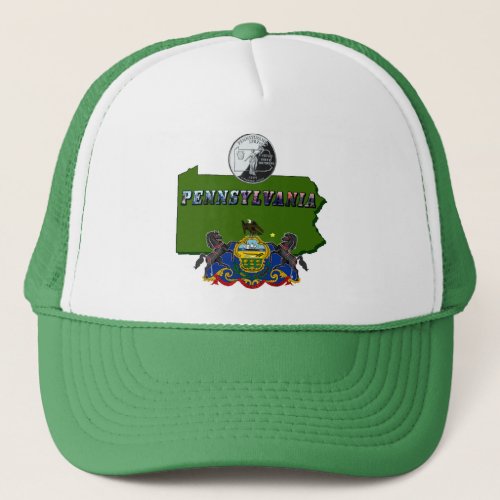 Pennsylvania Map Quarter Flag and Picture Text Trucker Hat