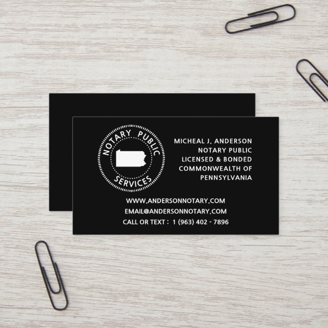 Pennsylvania Notary Public Services Business Card (Front/Back In Situ)