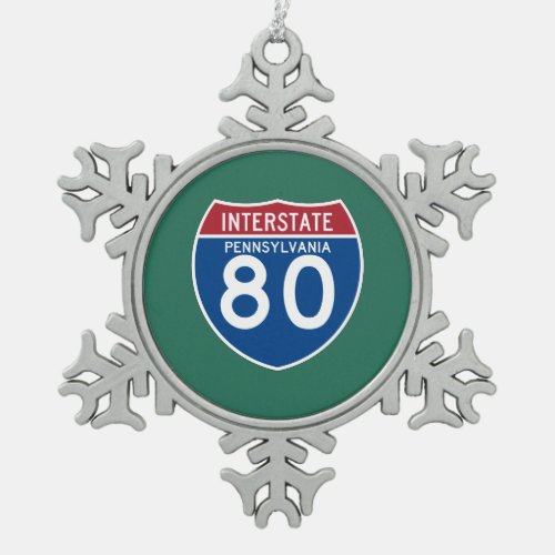 Pennsylvania PA I_80 Interstate Highway Shield _ Snowflake Pewter Christmas Ornament
