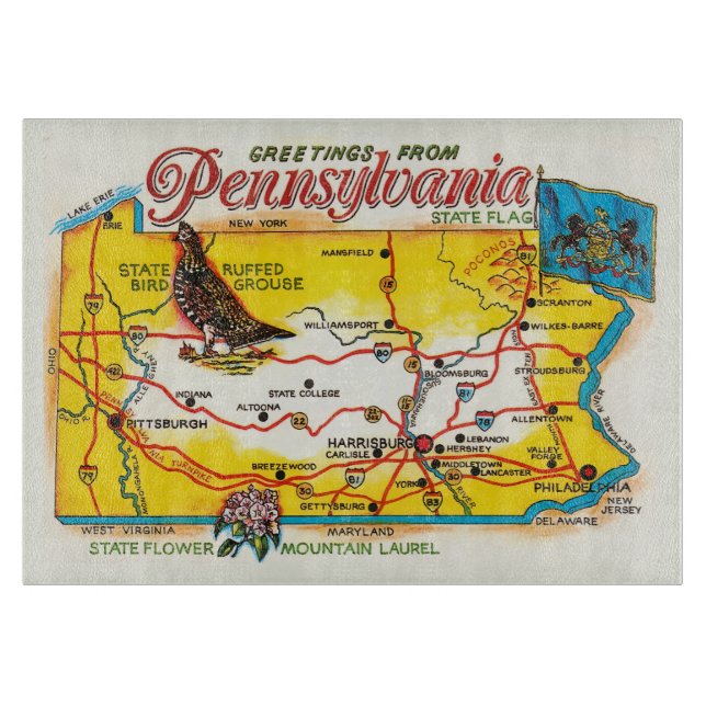 Pennsylvania Postcard Map Cutting Board (Front)