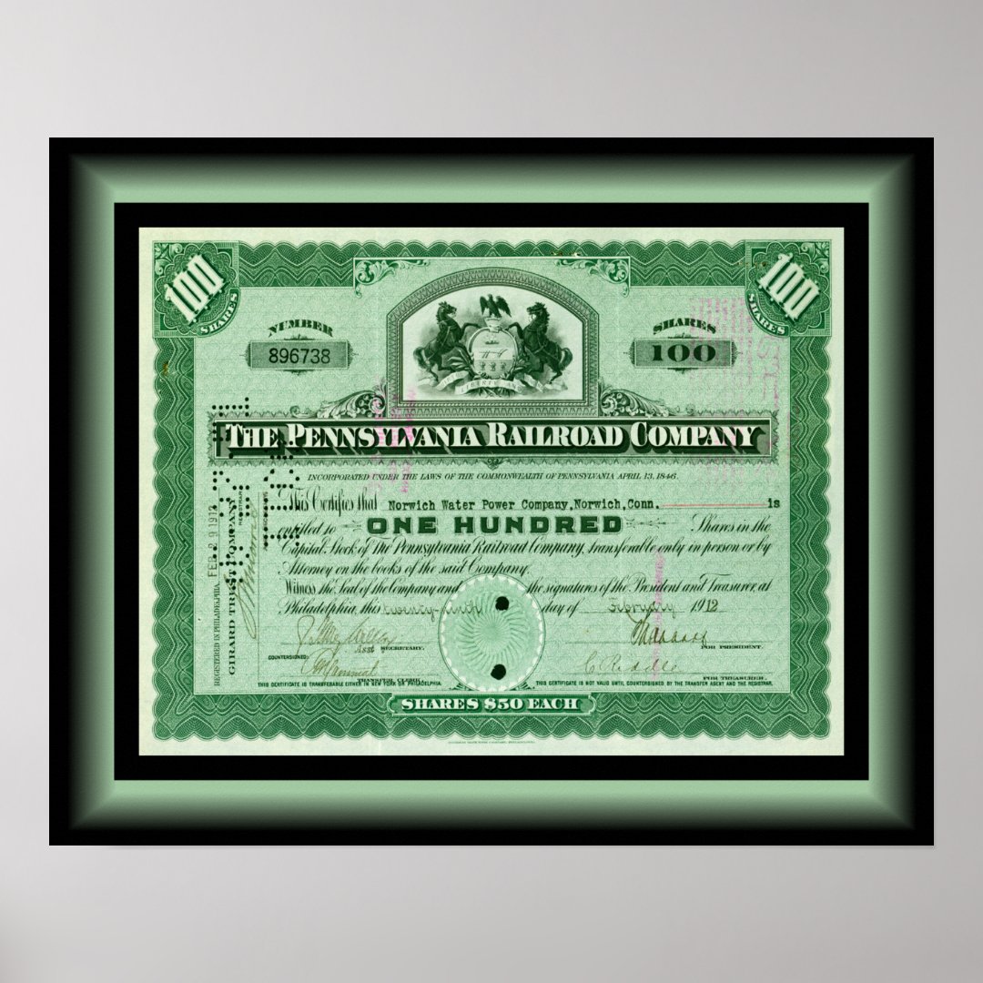 Pennsylvania Railroad Company Stock Certificate Poster Zazzle