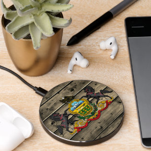 Pennsylvania Rustic Wood Coat of Arms, flag, USA Wireless Charger