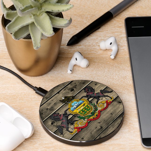 Pennsylvania Rustic Wood Coat of Arms, flag, USA Wireless Charger (Desk 2)