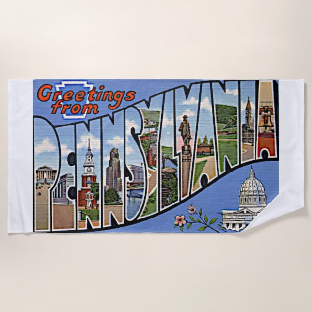 Pennsylvania State Greetings Retro Art Colorful Beach Towel (Front)