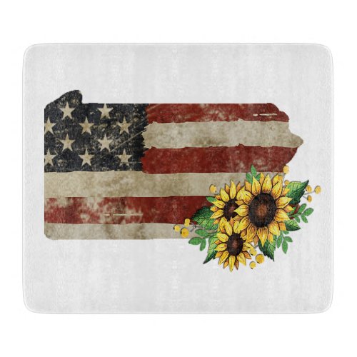 Pennsylvania State Map US Flag Sunflower Glass Cutting Board