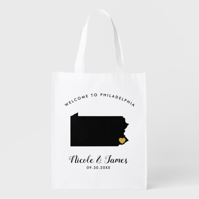 Pennsylvania Wedding Welcome Bag, Gold Heart Grocery Bag (Front)