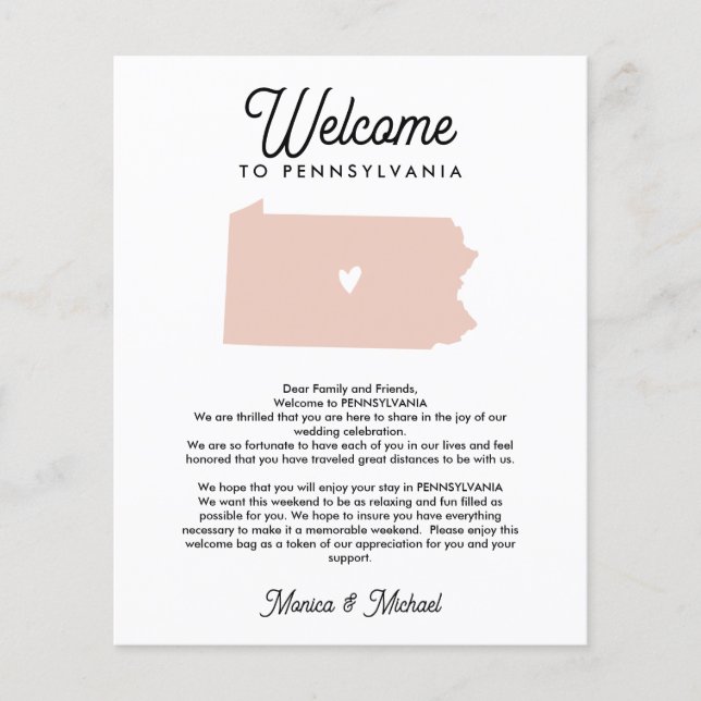 PENNSYLVANIA Welcome  Letter & Itinerary ANY COLOR (Front)