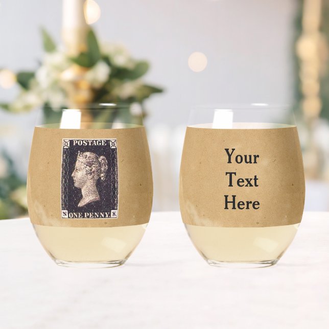 Penny Black Postage Stamp Stemless Wine Glass (Insitu (Wedding))