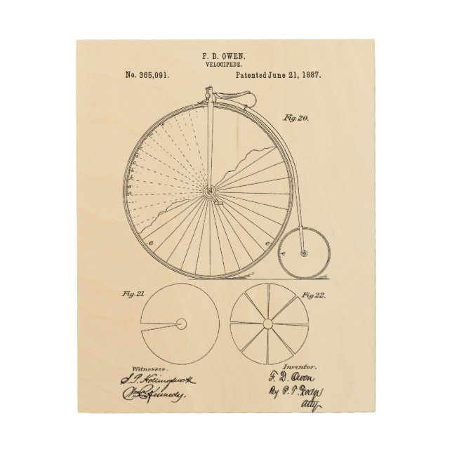 Penny Farthing Bicycle Blueprint Wood Wall Art (Front)