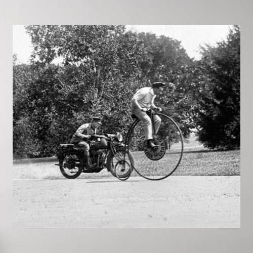 Penny Farthing vs Motorcycle 1920s Poster