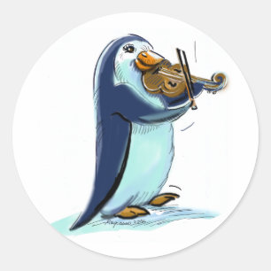 penquin violin player classic round sticker