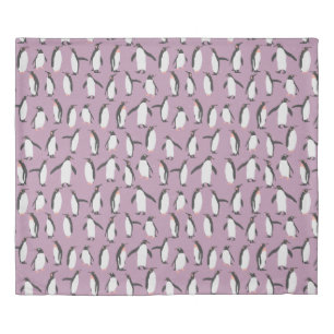 Penquins on Purple Background Pattern Duvet Cover