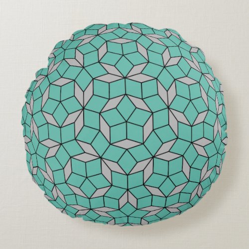 Penrose tiling pattern rounded gray turquoise round pillow