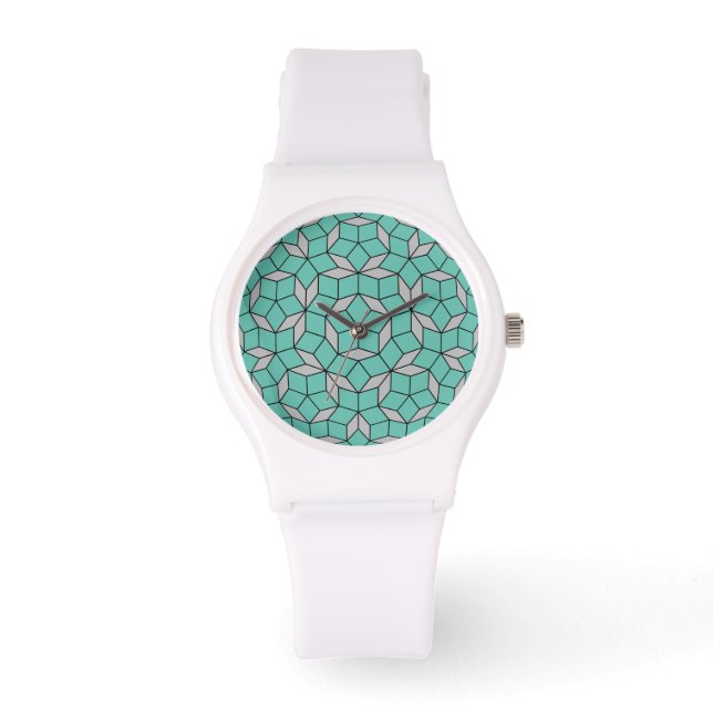 Penrose tiling pattern rounded, gray turquoise watch (Front)