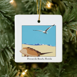 Pensacola Beach, FL Horseshoe Crab Seagull Beach Ceramic Ornament
